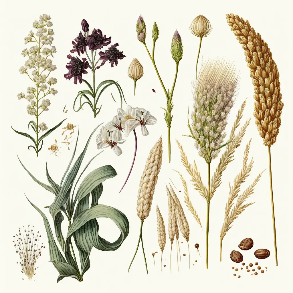 different types of grains, botanical illustration, white background, style of Pierre-Joseph Redoute